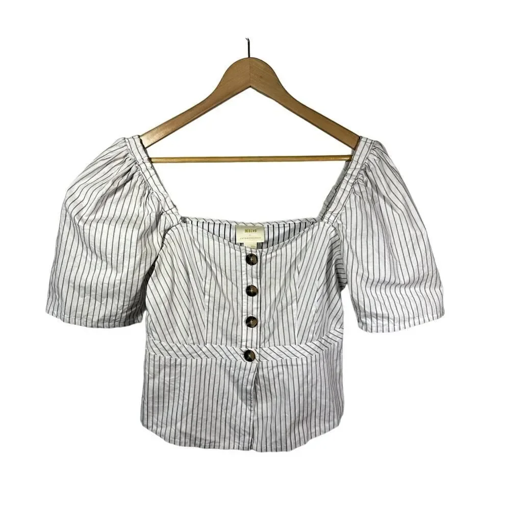MAEVE ANTHROPOLOGIE Women's Cotton Striped Button Down Peplum Top White Size 10